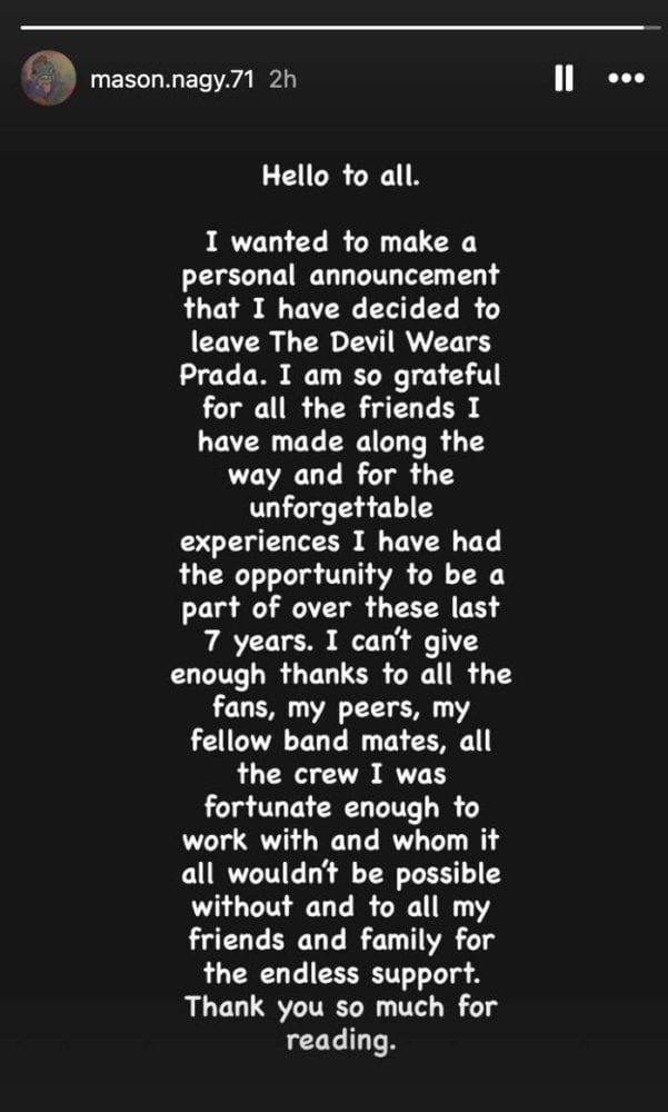 The Devil Wears Prada and Bassist Mason Nagy Part Ways