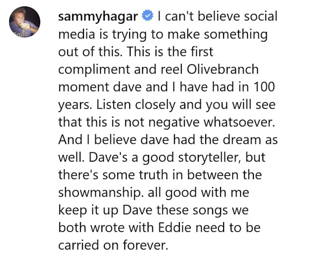 SAMMY HAGAR Calls DAVID LEE ROTH's Recent Comments 'An Olive Branch Moment': 'This Is Not Negative Whatsoever'